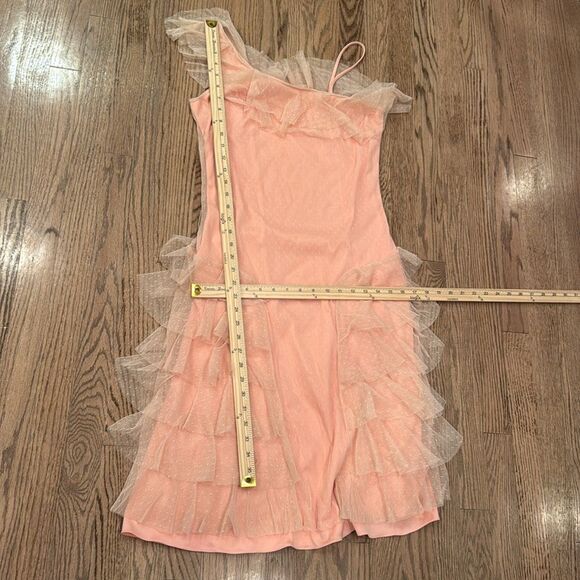 AMERICAN RETRO Peach Ruffle One-Shoulder Dress 80s Prom Flapper Tulle Polka Dot - Picture 11 of 11